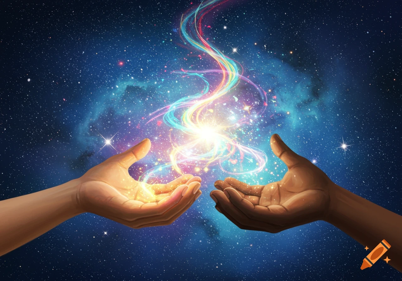 Two hands reaching towards swirling, colorful energy in deep space.