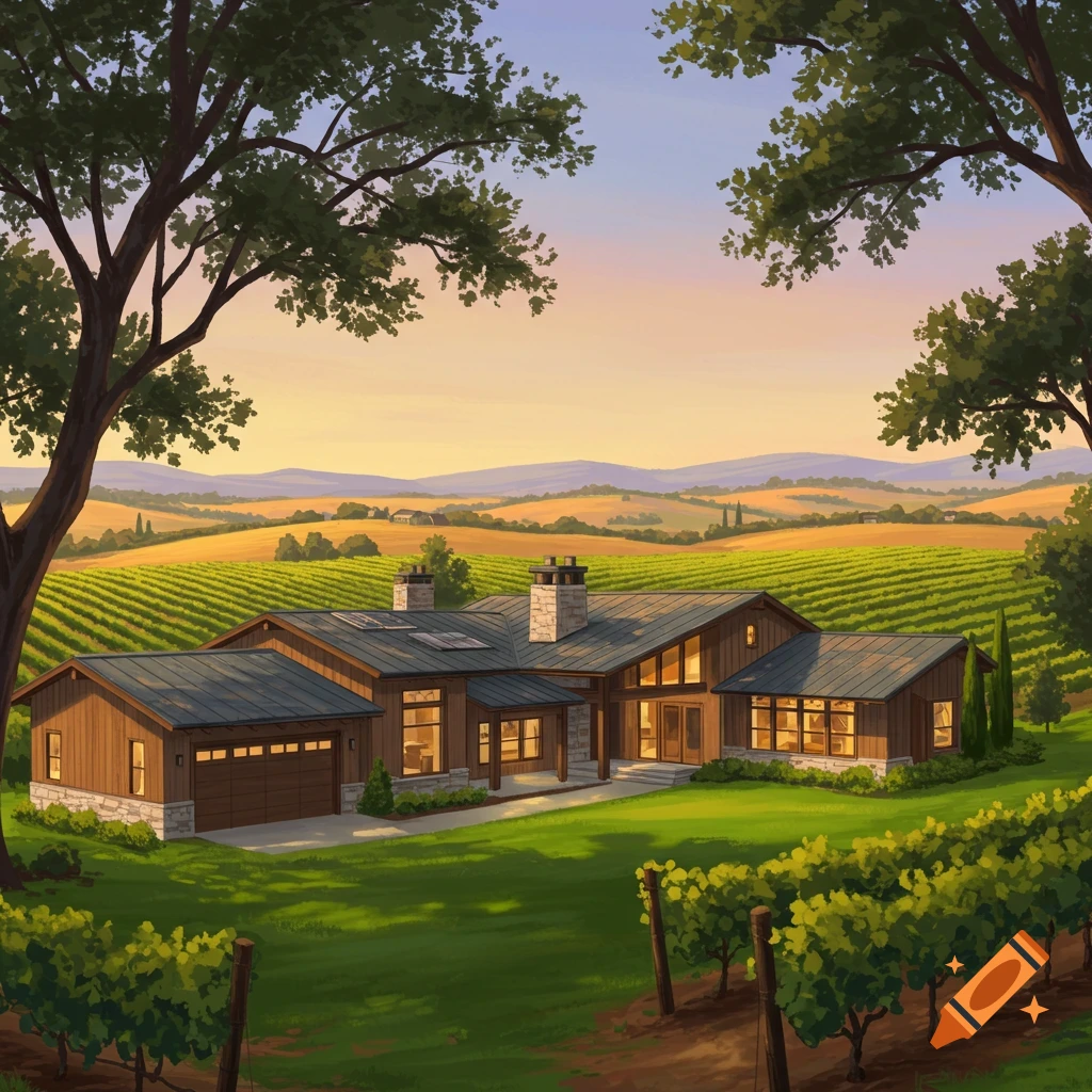 A house nestled in a vineyard landscape with hills in the background.