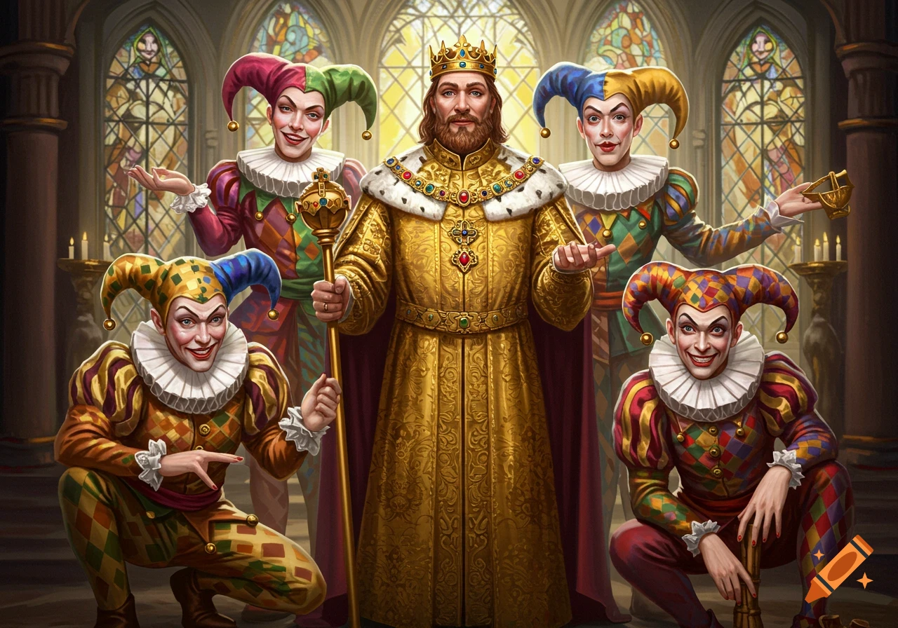 A king in golden robes surrounded by five jesters in a grand hall.