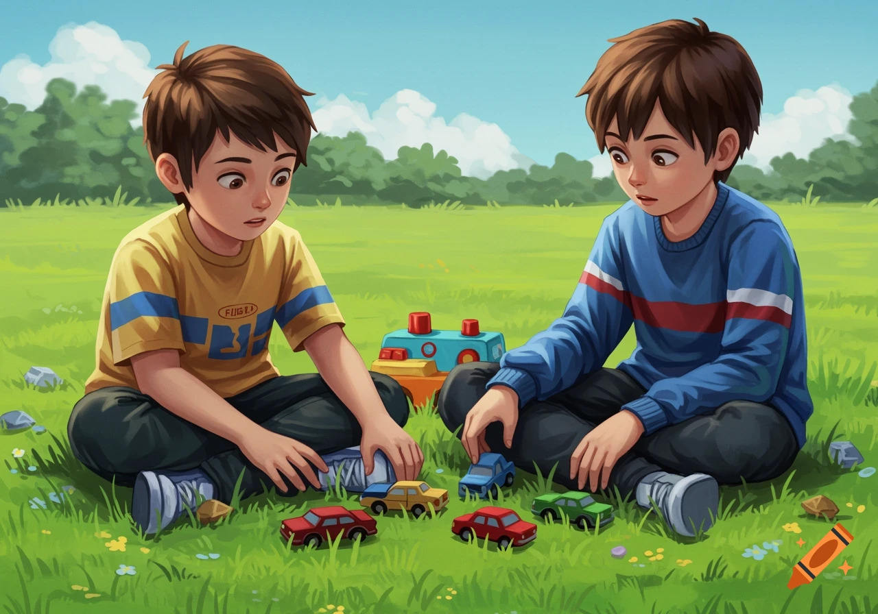Two boys play with toy cars in the grass.