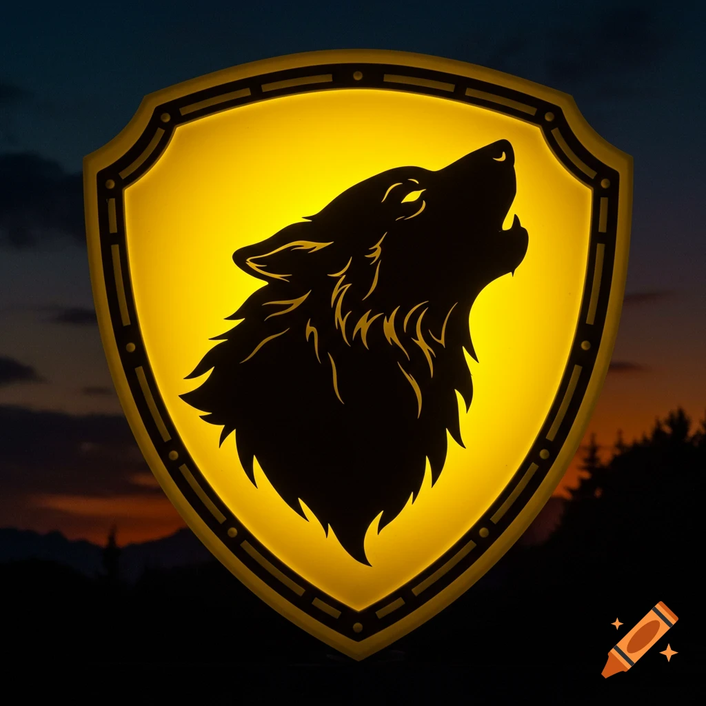 A wolf silhouette howls against a glowing yellow shield at sunset.