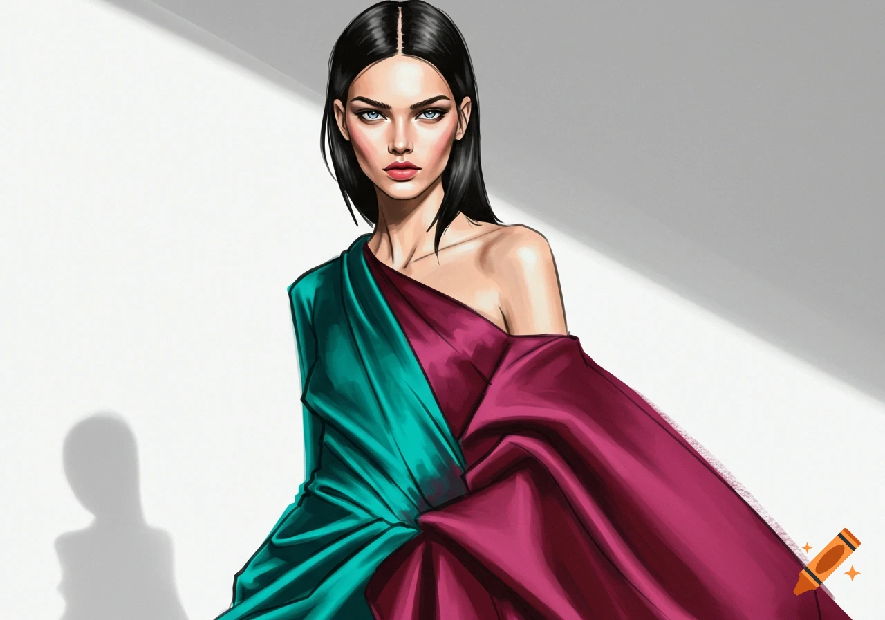 A model wears a teal and magenta dress.