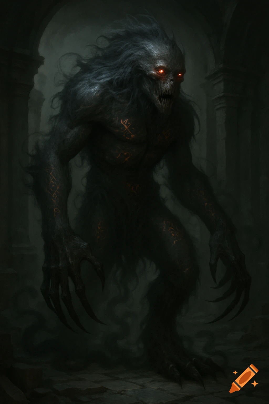 Dark fantasy monster with glowing red eyes and sharp claws stands in ruined temple.