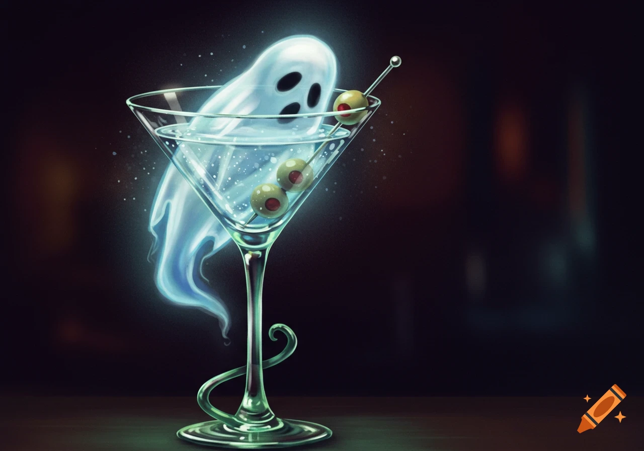 A ghost floats in a martini glass with olives.