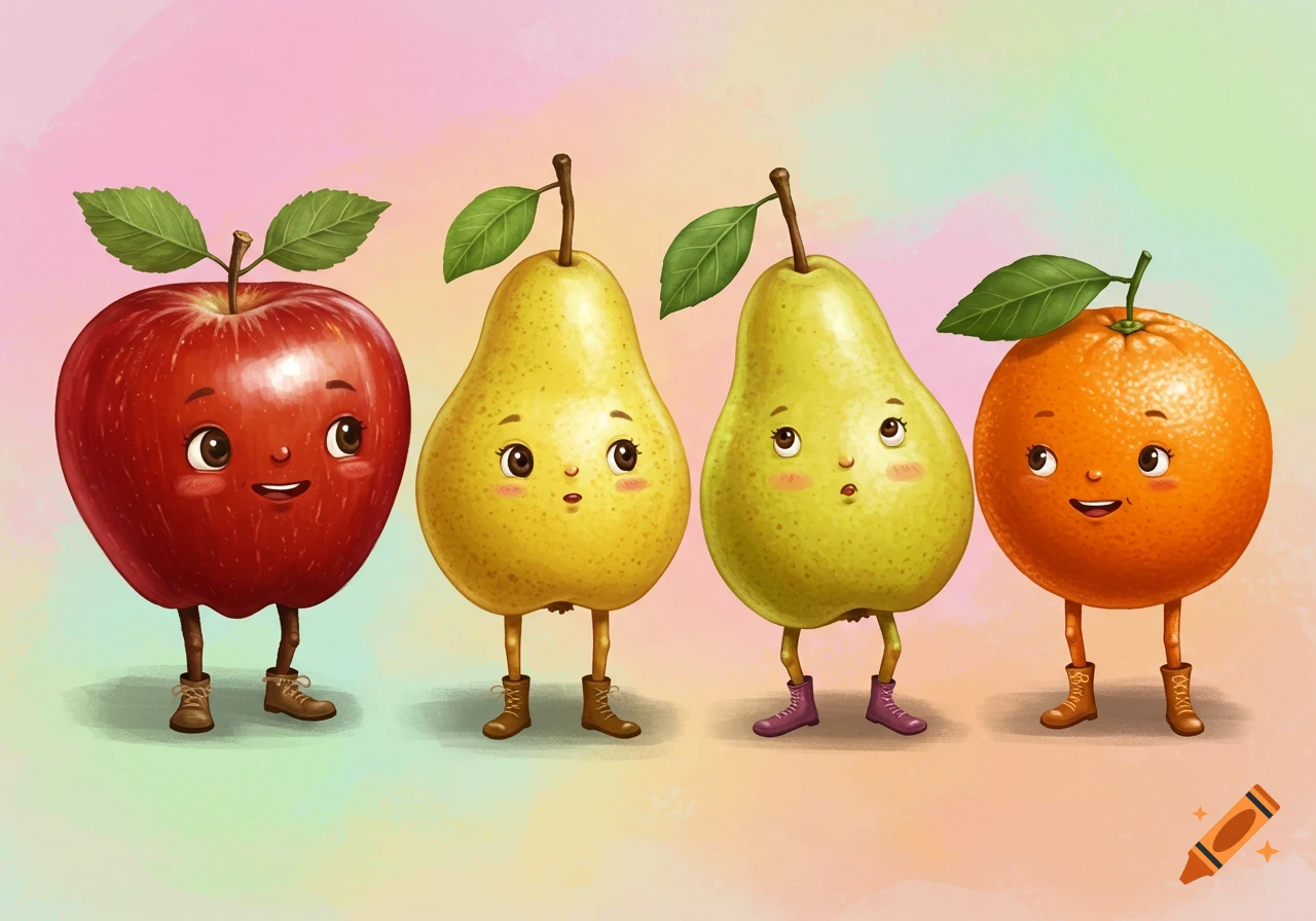Cute cartoon apple, two pears, and an orange with faces and boots.