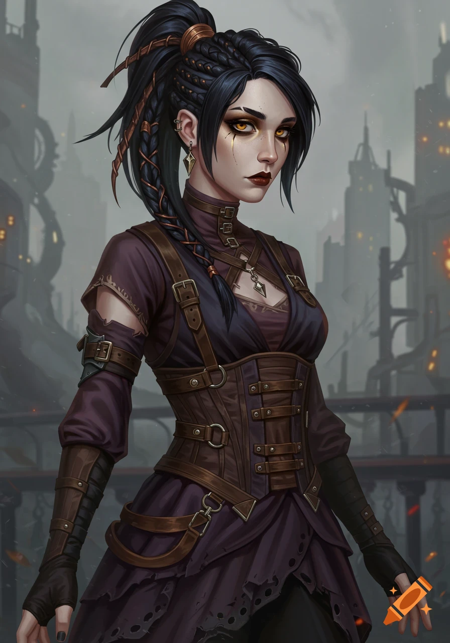 A woman in a steampunk-inspired outfit with dark hair and glowing eyes stands in a hazy cityscape.