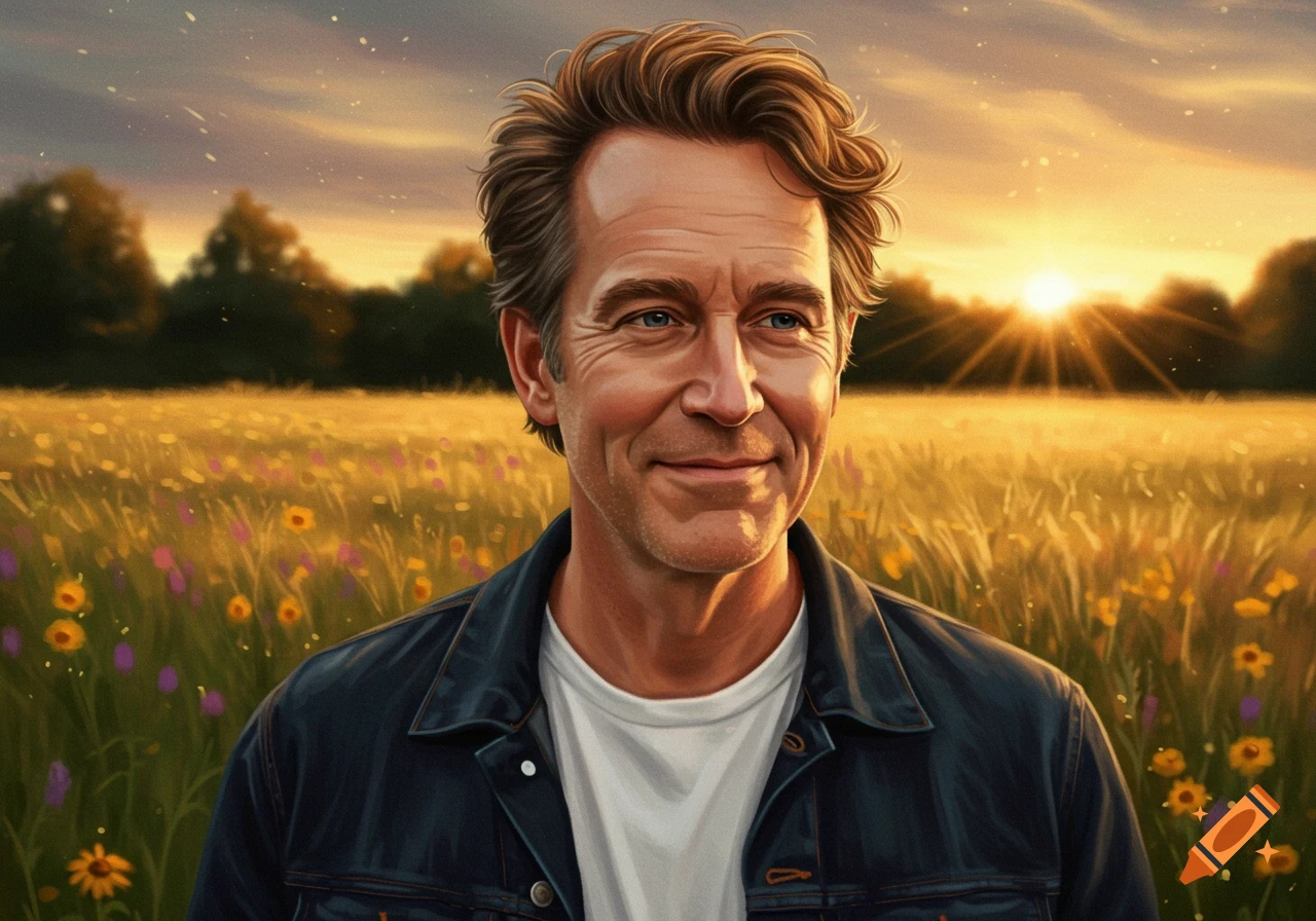 Man smiling in a field of wildflowers at sunset.