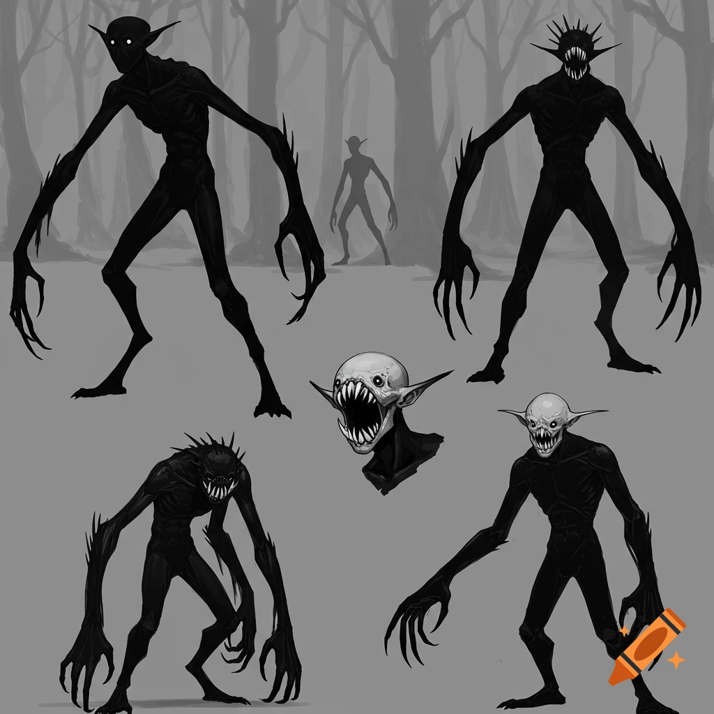 Concept art sketches of multiple shadowy forest monster figures with glowing eyes and sharp claws, in a foggy setting.