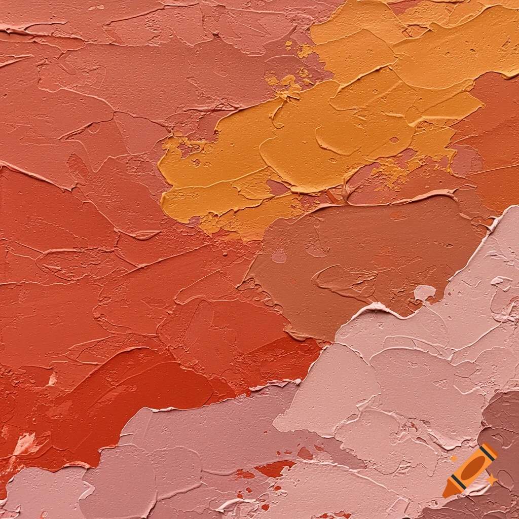Abstract painting with thick texture in shades of orange and pink.