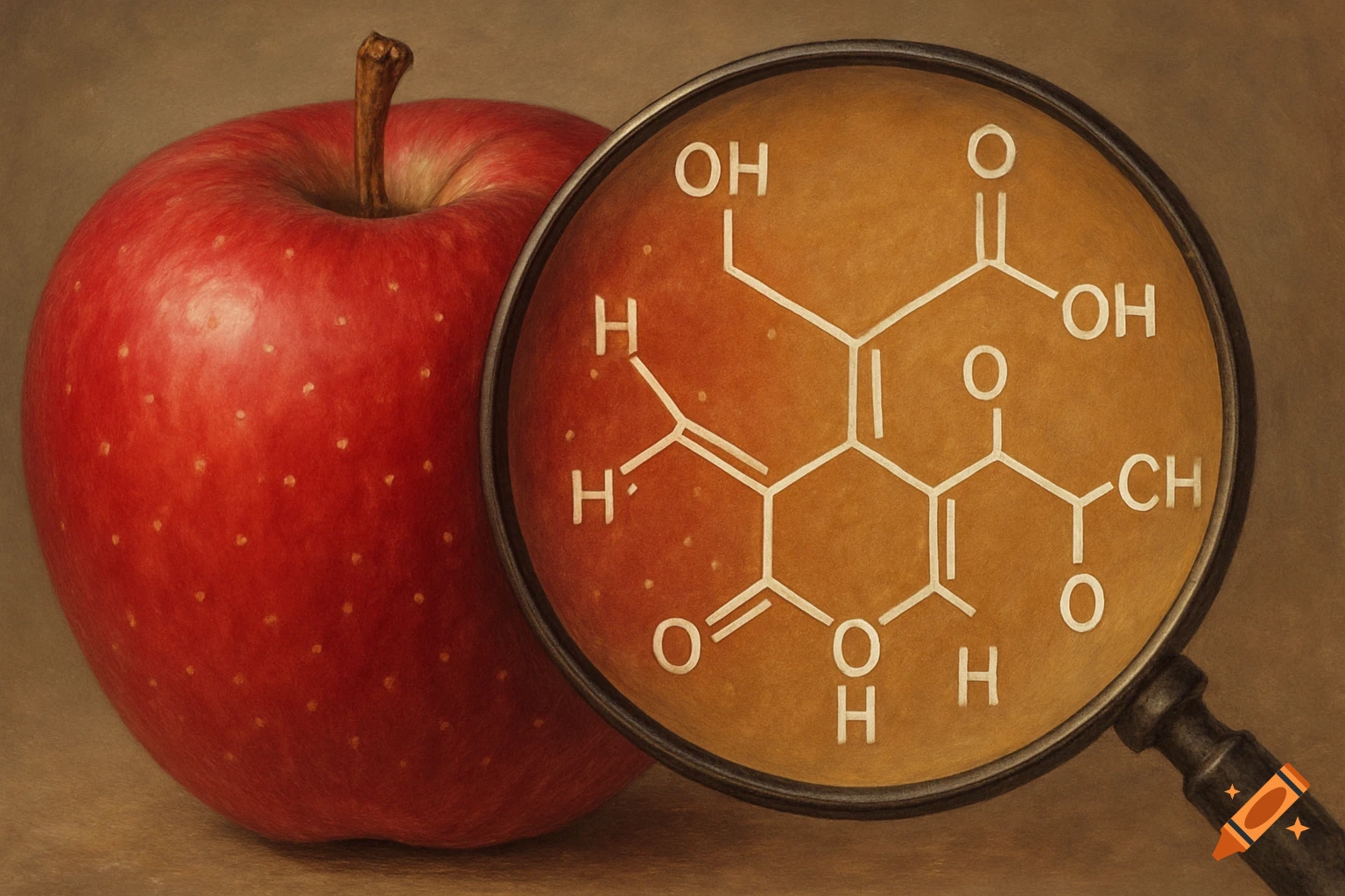 A red apple is shown next to a magnifying glass. The magnifying glass is focused on the surface of the apple, revealing a chemical structure.