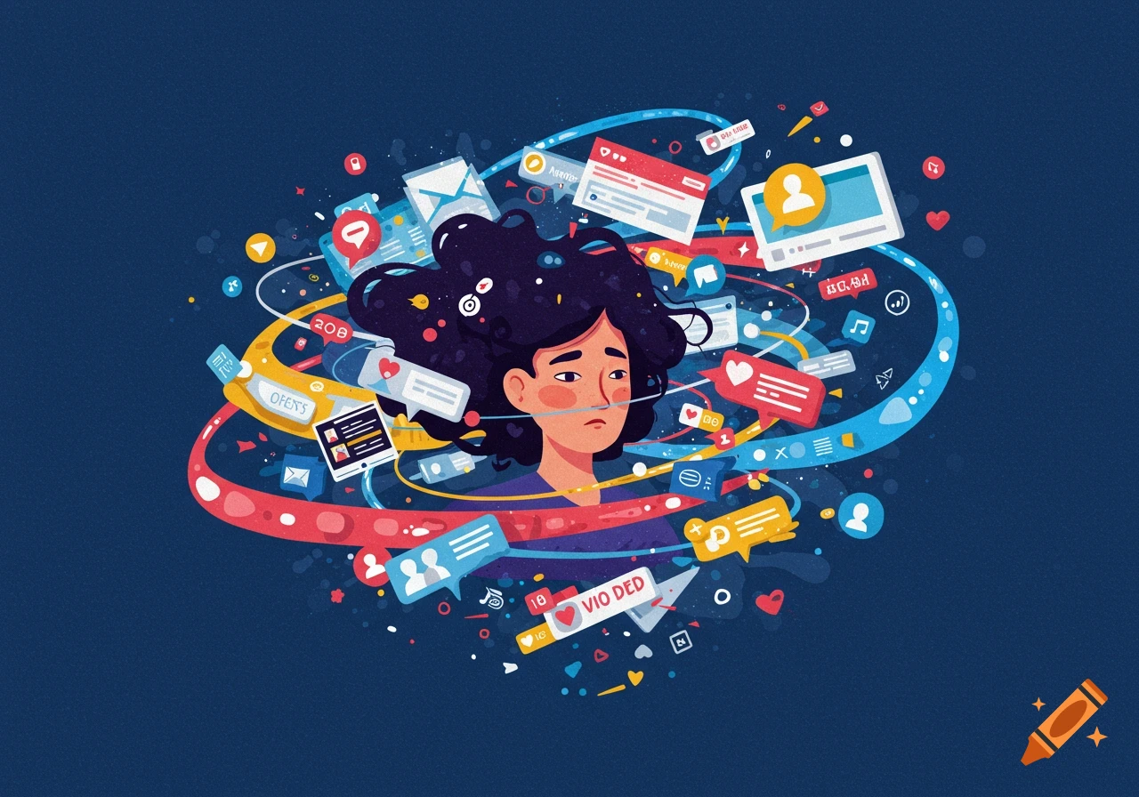 A digital illustration of a woman overwhelmed by a swirl of social media icons, messages, and digital elements.