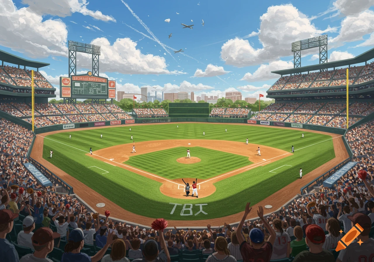 A baseball stadium filled with spectators, players on the field, under a cloudy sky.