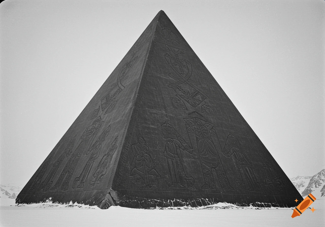A black and white 19th-century photo of a large dark pyramid covered in Norse etchings, standing in a snowy antarctic landscape.