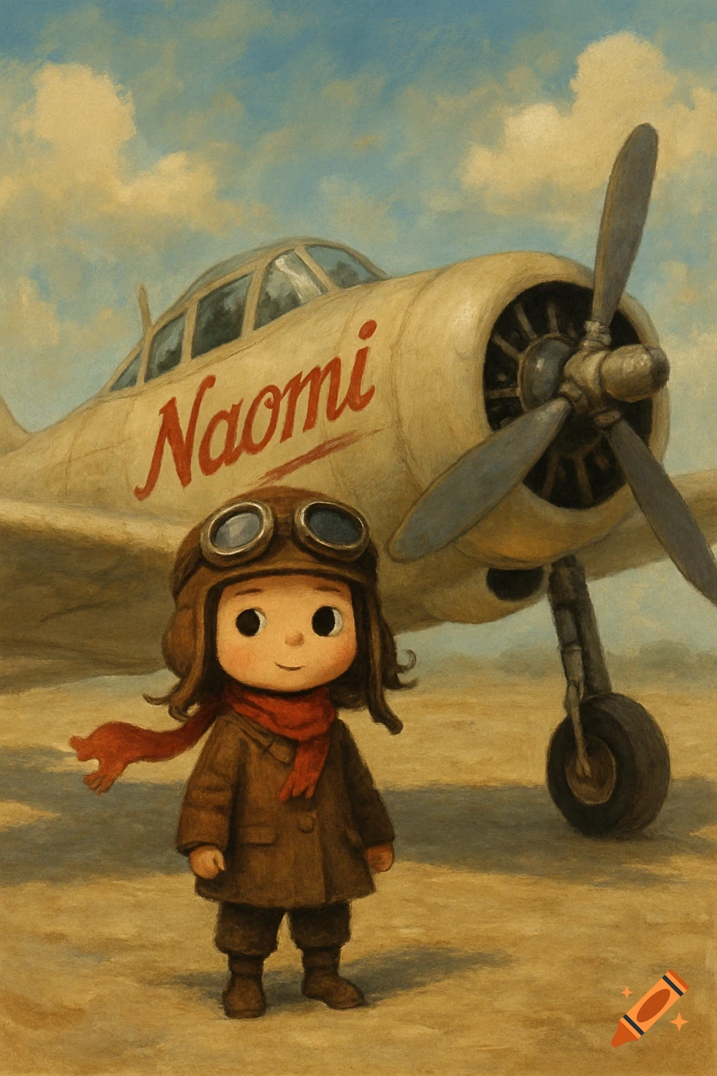 a small child pilot in goggles and scarf standing in front of a vintage airplane with 'Naomi' on the side.