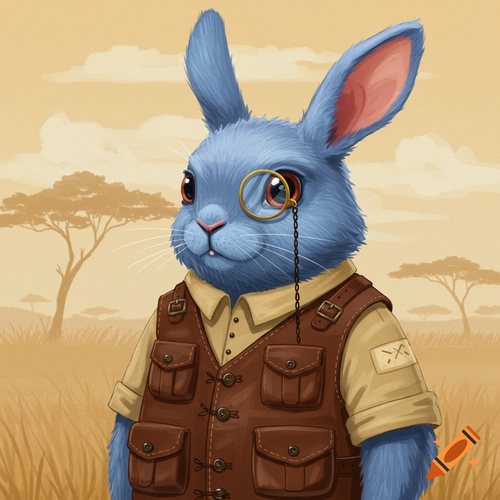 A blue rabbit wearing a monocle and a safari vest stands in a field with trees.