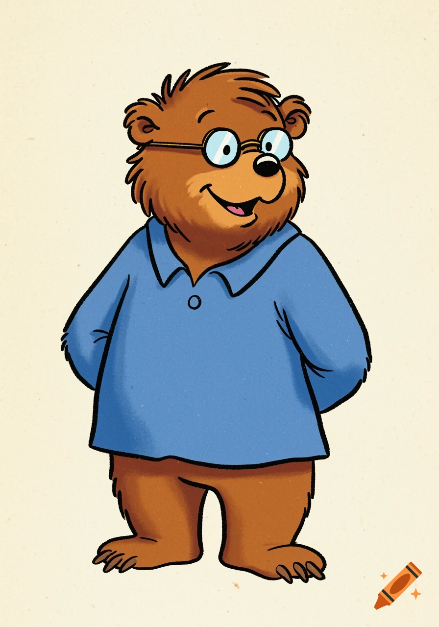 Cartoon bear wearing glasses and a blue shirt in Berenstain Bears style