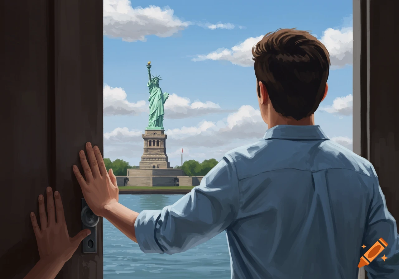 A man holding open a door revealing the Statue of Liberty in the distance.