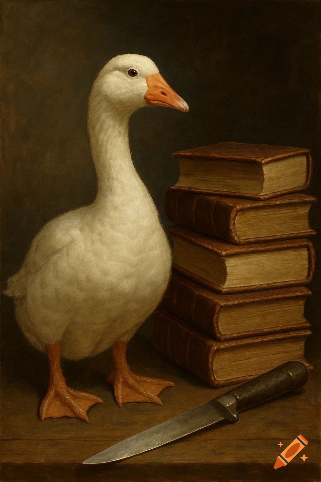 A white goose is standing next to a stack of books, with a knife in the foreground.