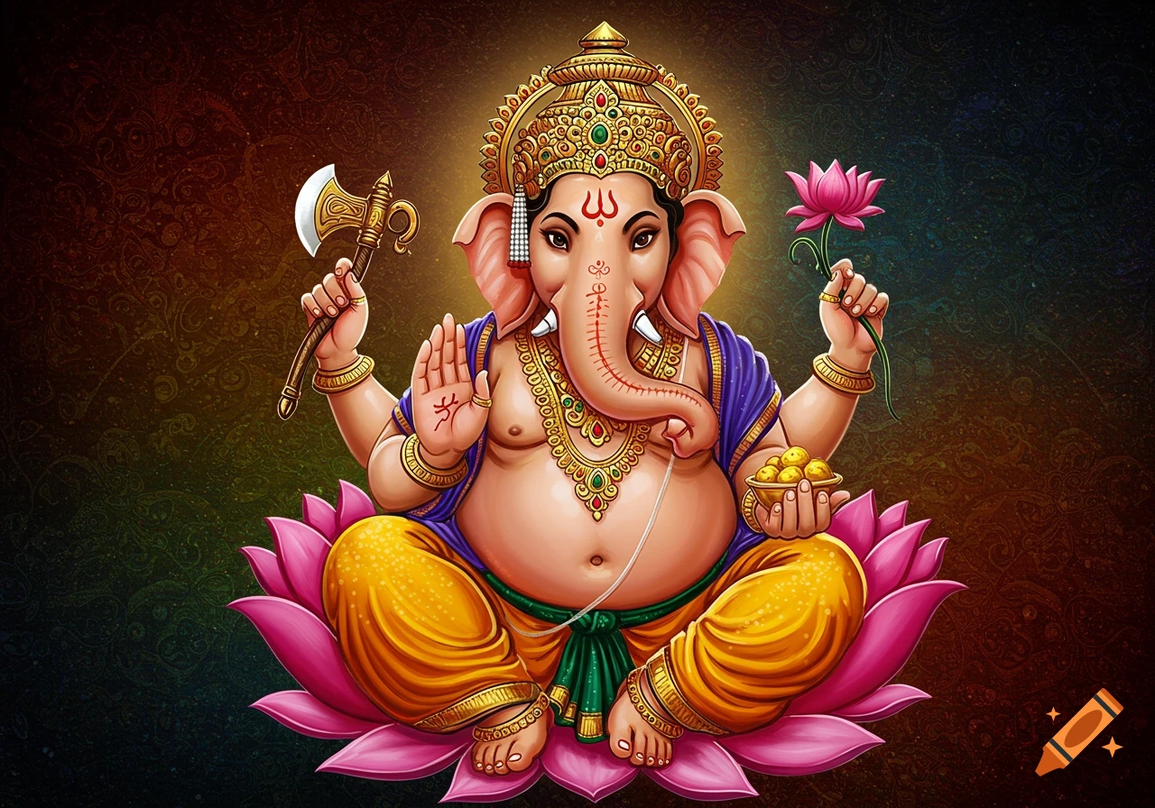 God Ganesha is seated on a pink lotus, holding an axe and a lotus flower.