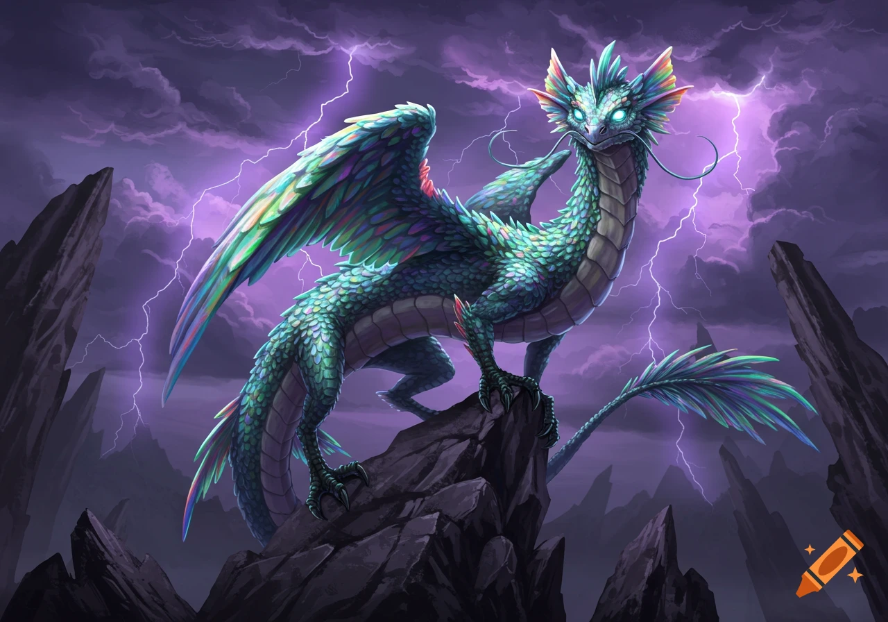 A colorful dragon perched on rocks during a lightning storm.
