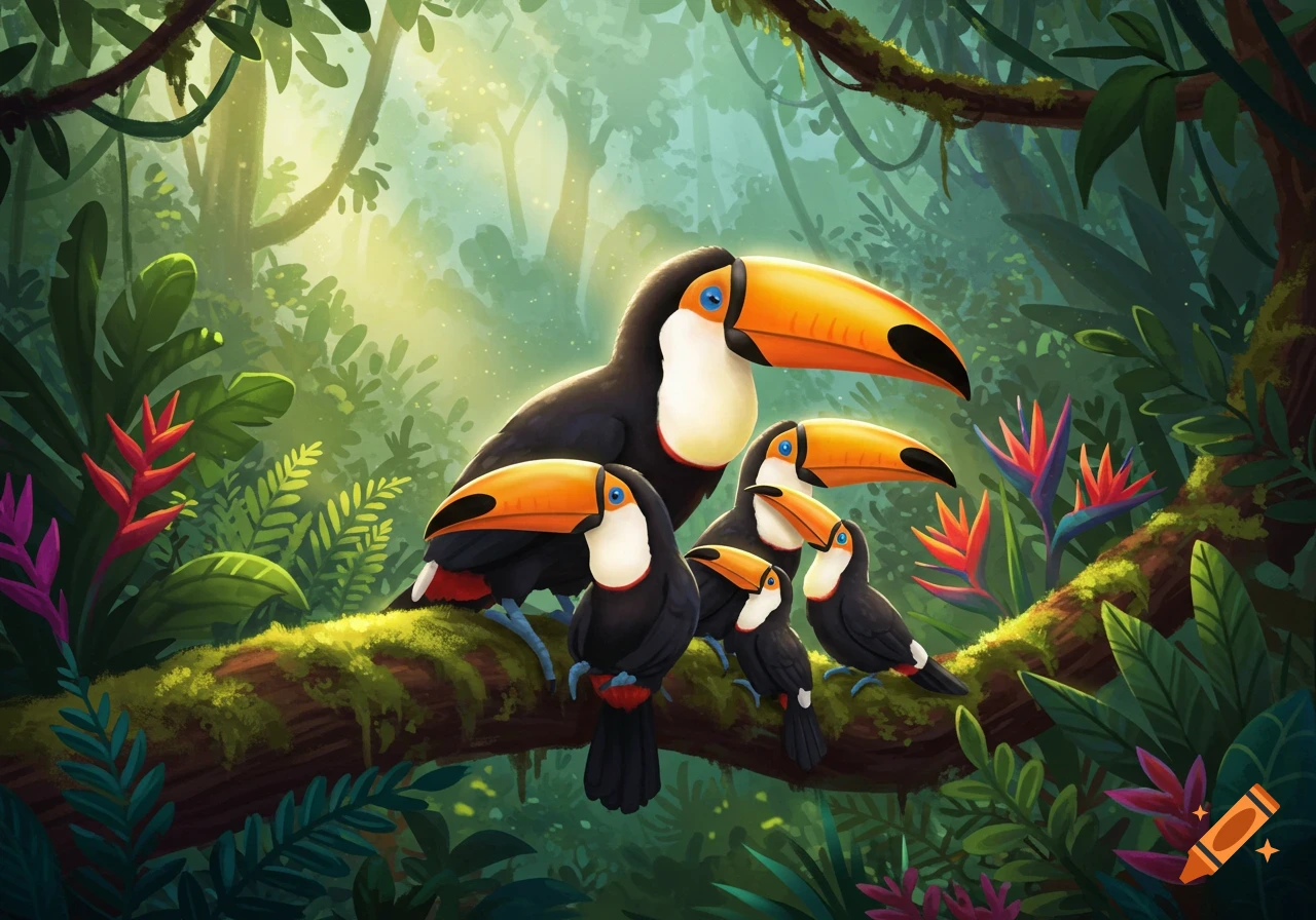 A toucan family sits on a branch in a jungle.