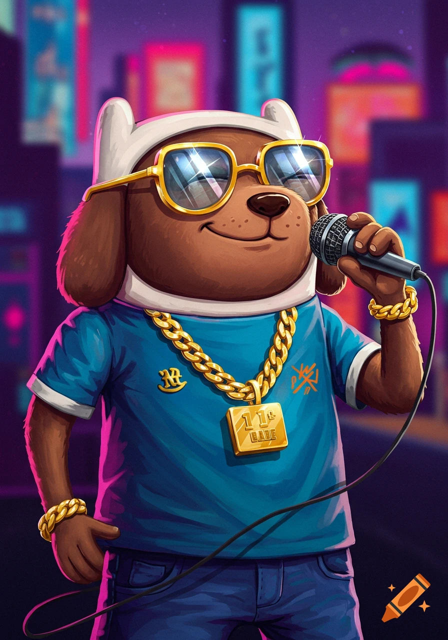 A cartoon dog dressed as a rapper, wearing sunglasses and a gold chain, holding a microphone.