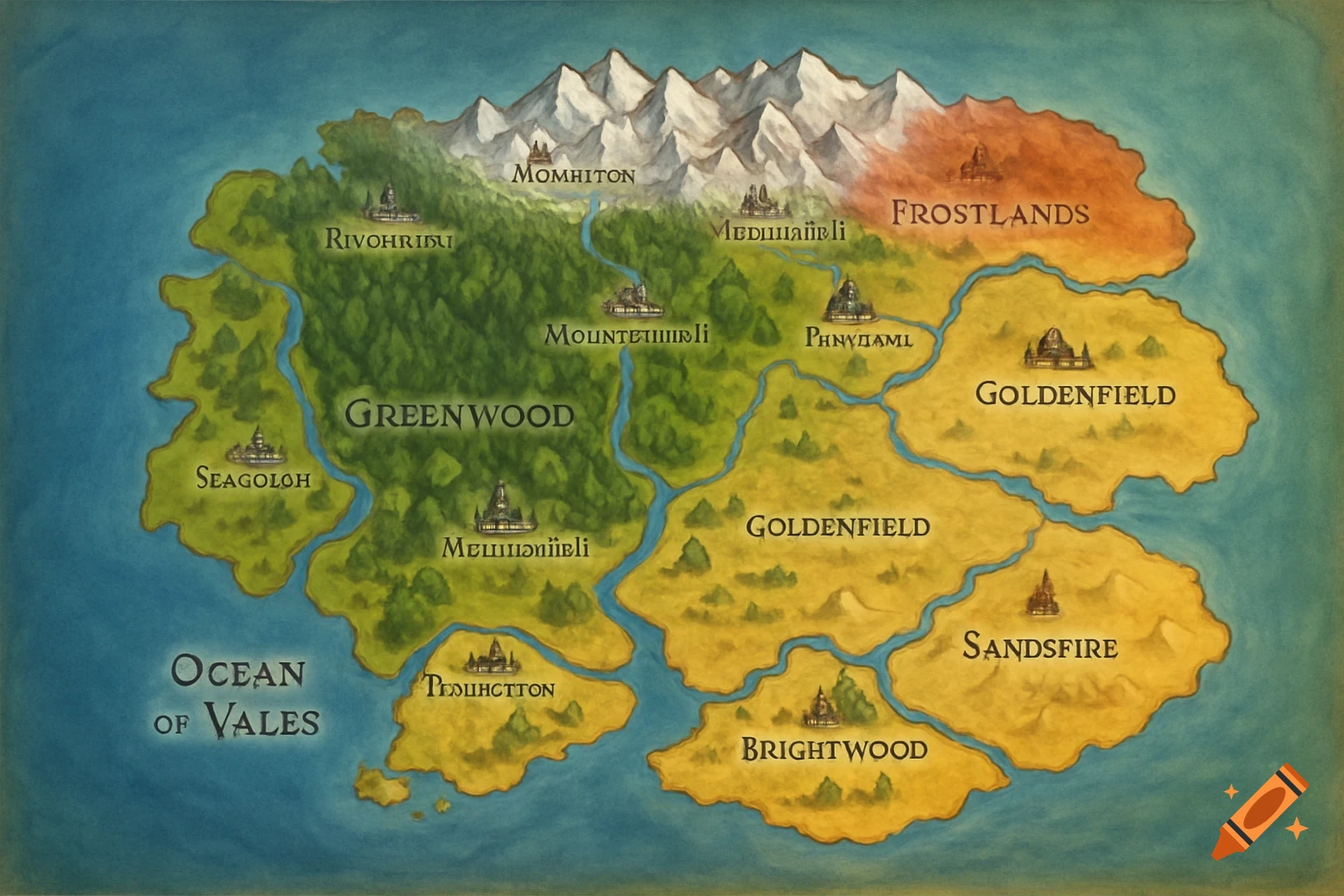 Fantasy map with forests, mountains, frostlands, goldenfields, and sand biomes, featuring settlements, rivers, and an ocean.
