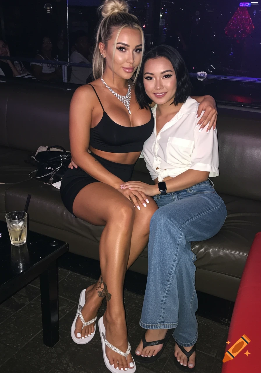Two women sit on a couch in a club