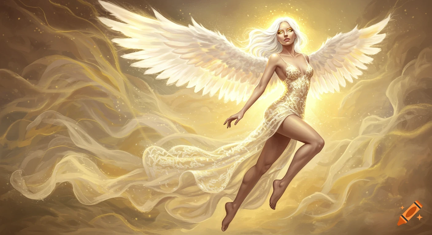 A stunning angelic woman with white hair and wings, wearing a golden lace dress, floating amidst glowing golden ethereal clouds.