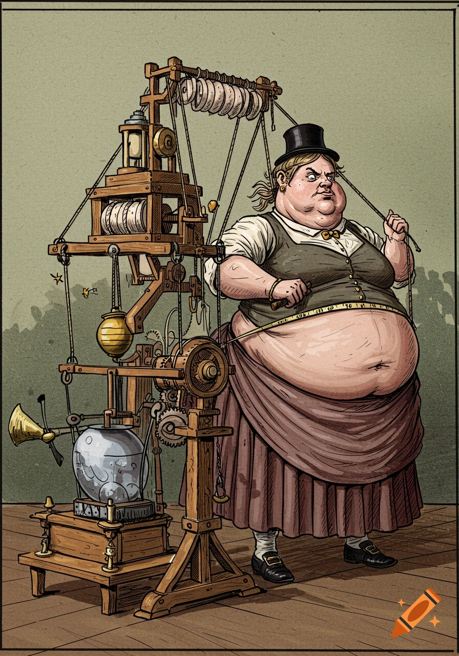 Illustration of a large 1800s person measuring their waist next to a bizarre weight-loss machine.