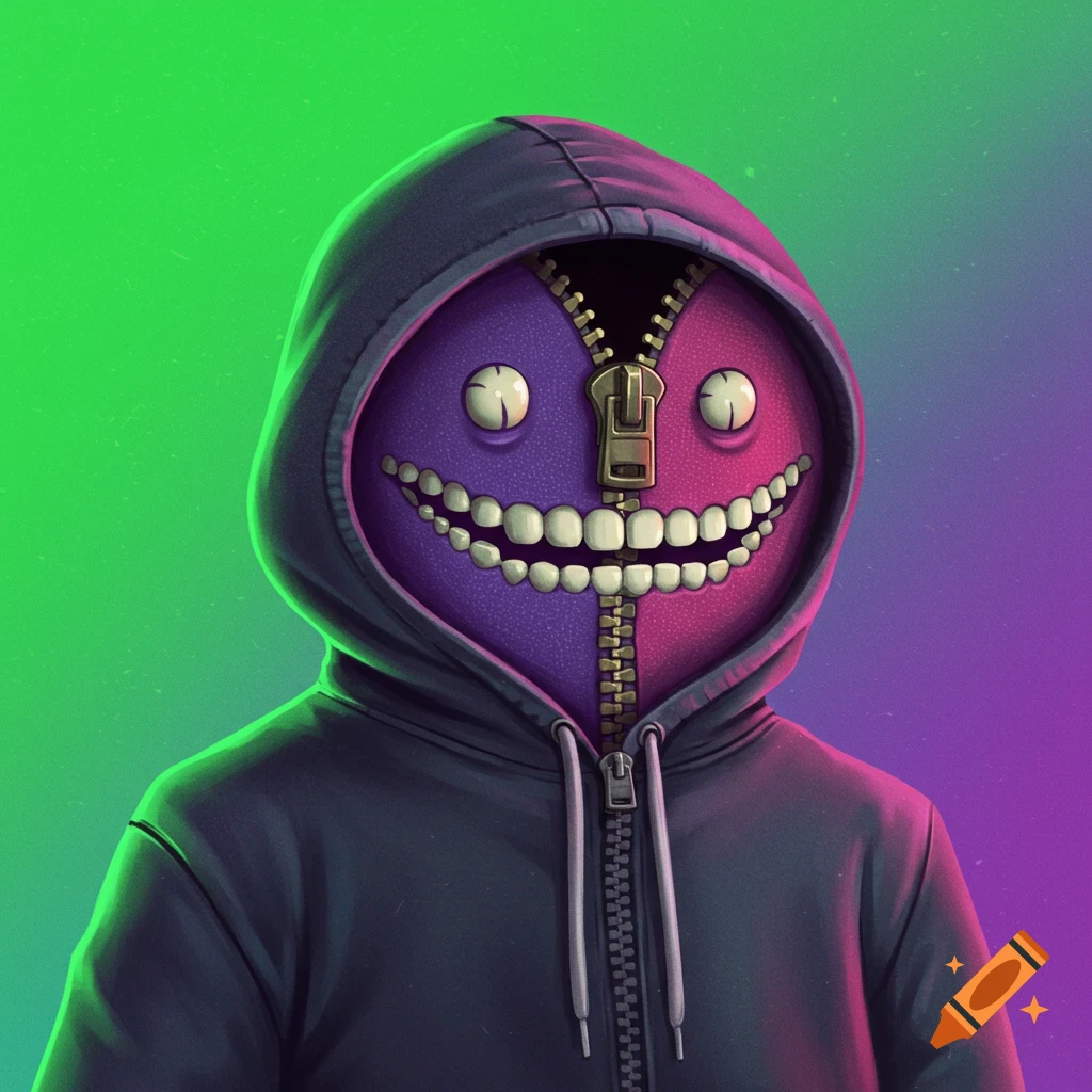 A character with a zipper face wearing a hoodie.