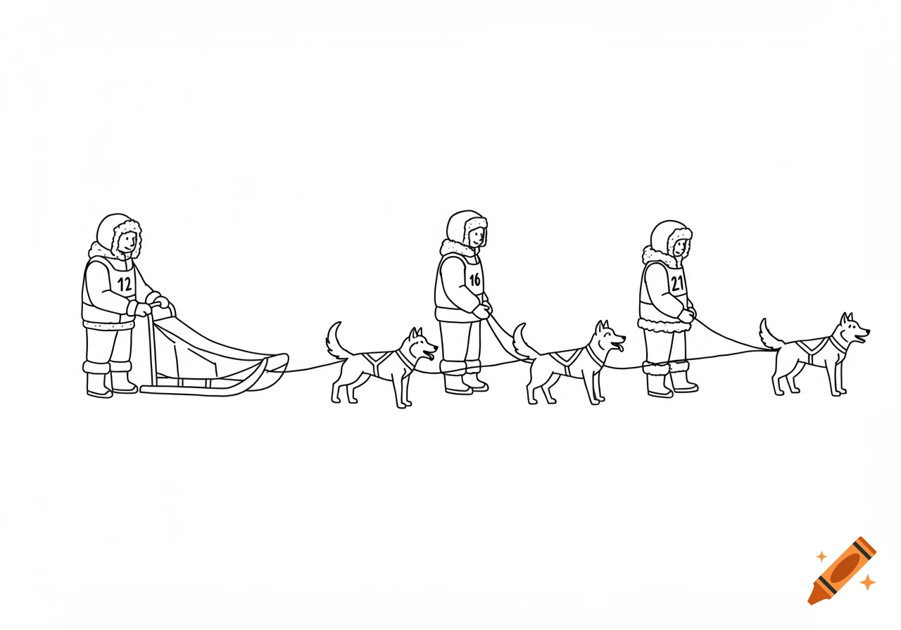 A line drawing of three mushers and four dogs pulling a sled.