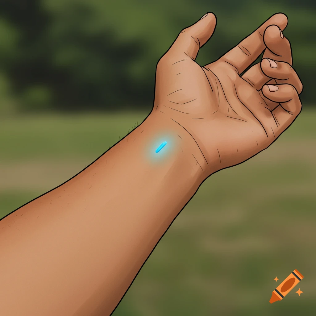Drawing of a hand with a blue glowing implant on the wrist.