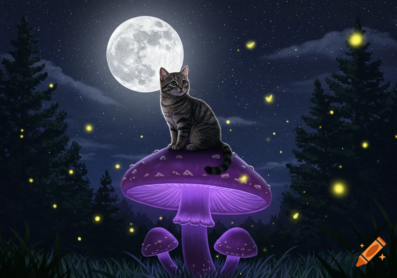 A tabby cat sits on a glowing purple mushroom at night, surrounded by fireflies under a full moon.