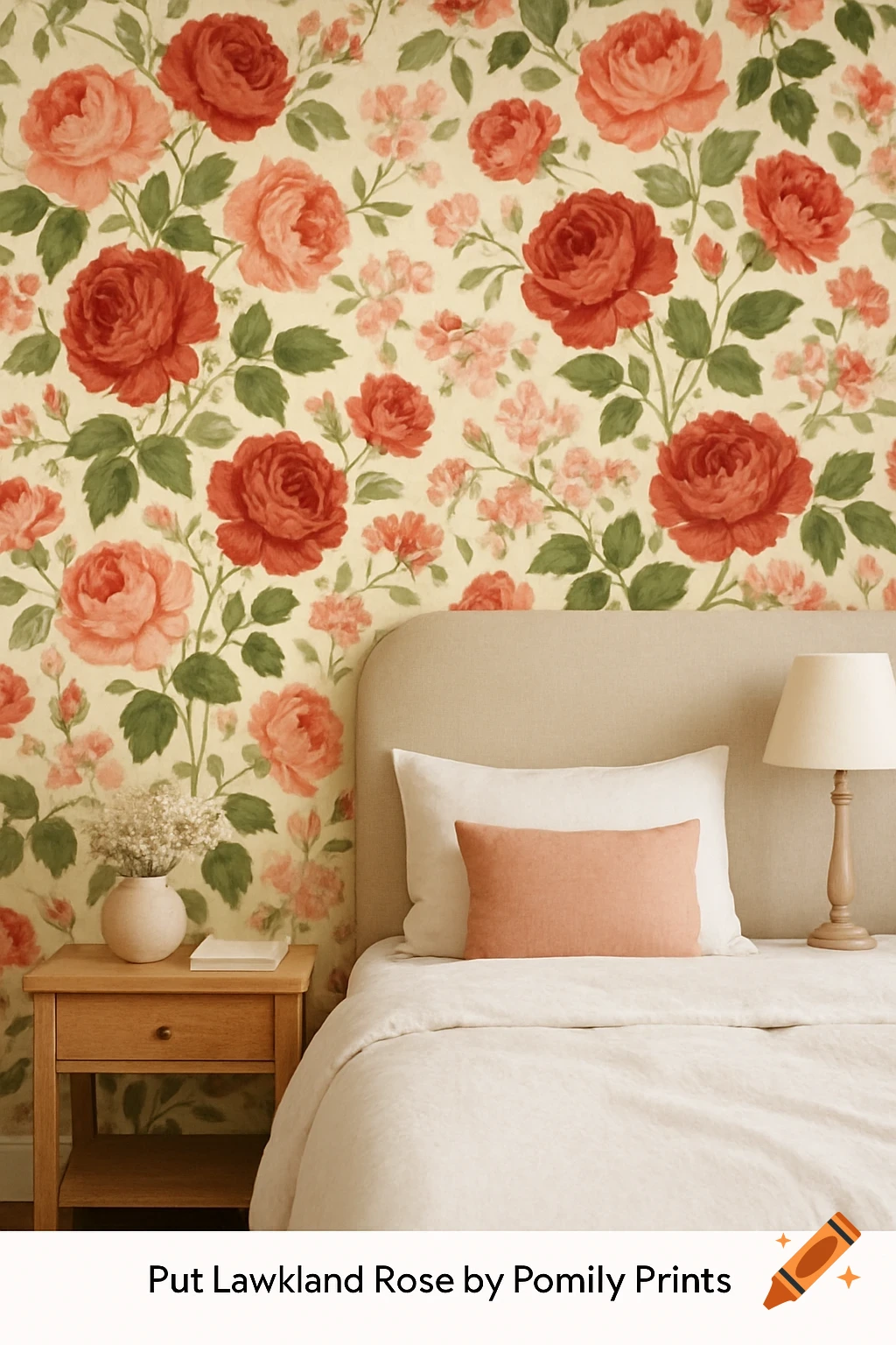 A bedroom interior with floral wallpaper, a bed, nightstand, lamp, and vase of flowers.