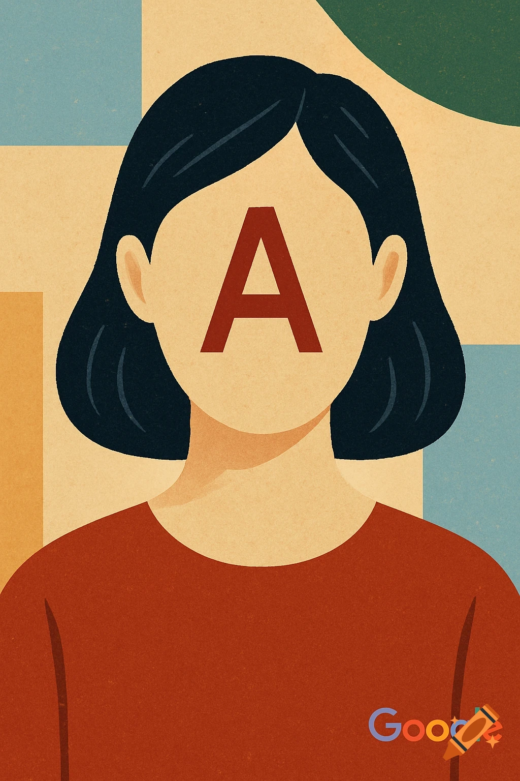 Illustration of a person with a red letter A on their face, with the Google logo at the bottom.