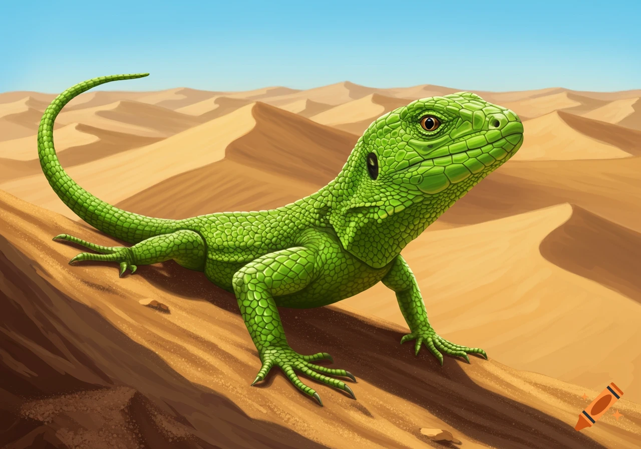 A vibrant green lizard sits on a sand dune in a desert landscape.