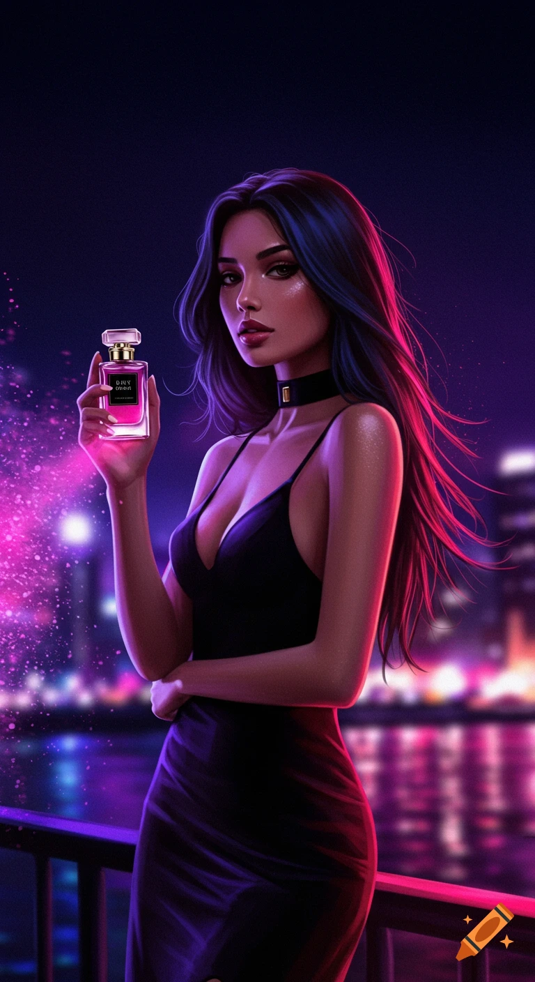 A woman in a black dress holds a perfume bottle against a blurry night city background.