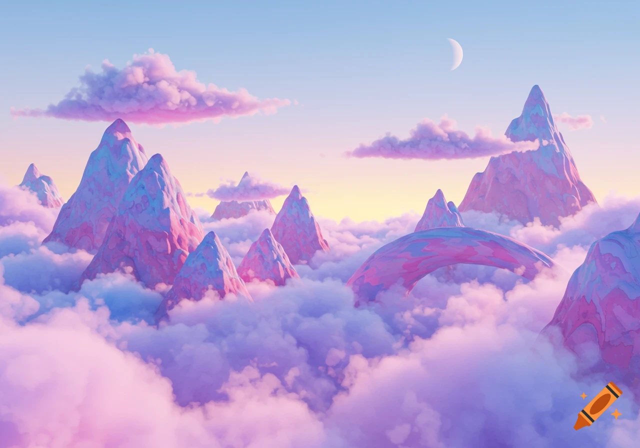 Stylized pink and blue mountains rise above pink clouds under a sunset sky with a crescent moon, in a dreamlike digital art style.