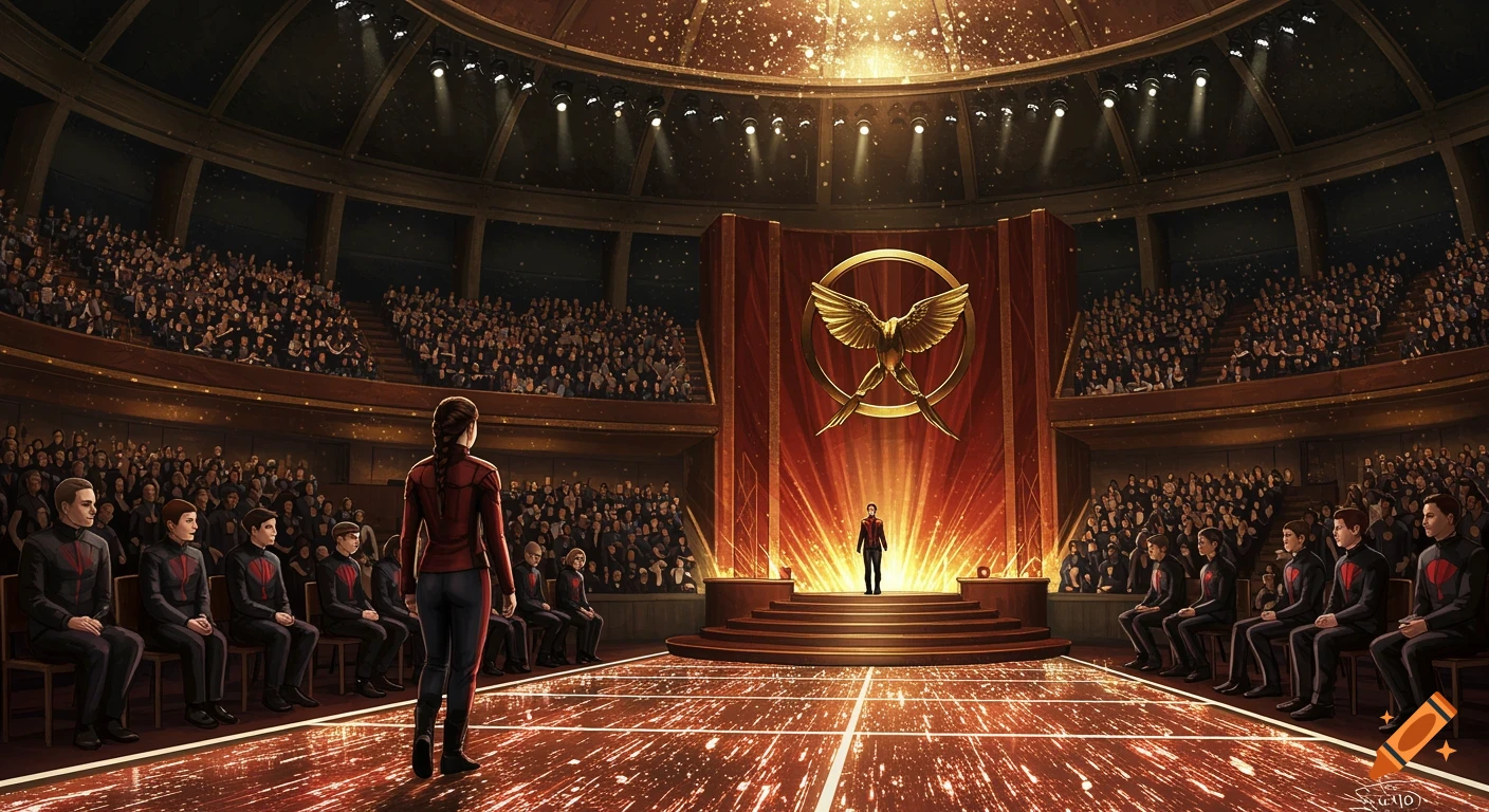 A grand auditorium with a stage featuring a large golden symbol. A figure stands on stage, another faces the audience from the floor.