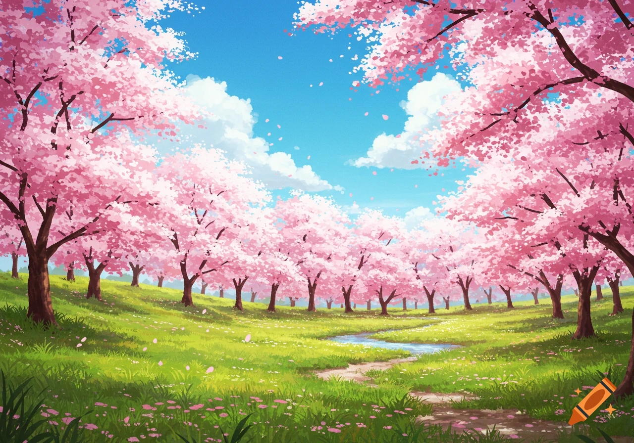 A cherry blossom orchard with a path and stream under a blue sky.