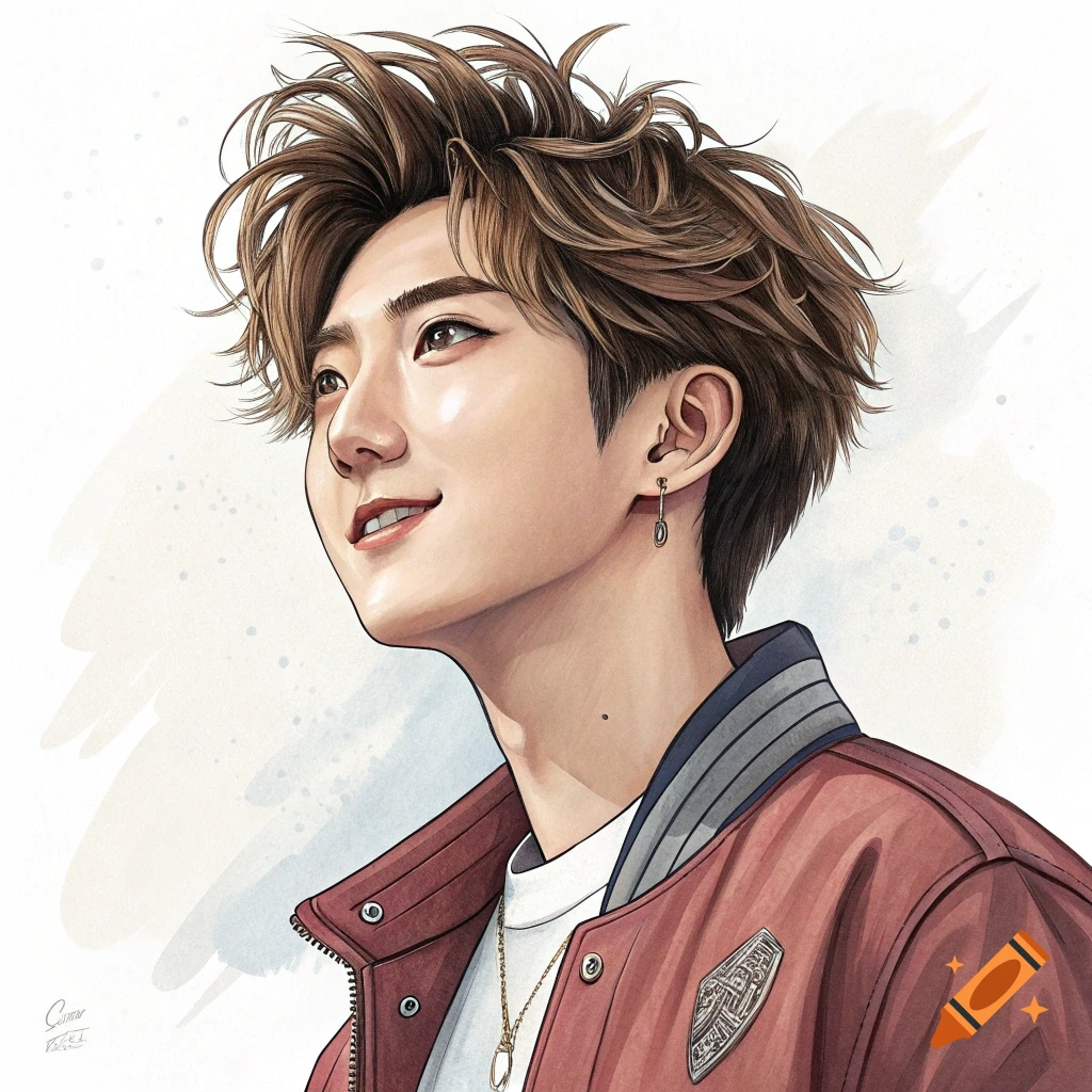 Illustrative portrait of a young man with messy hair wearing a red jacket and gold necklace, looking up.