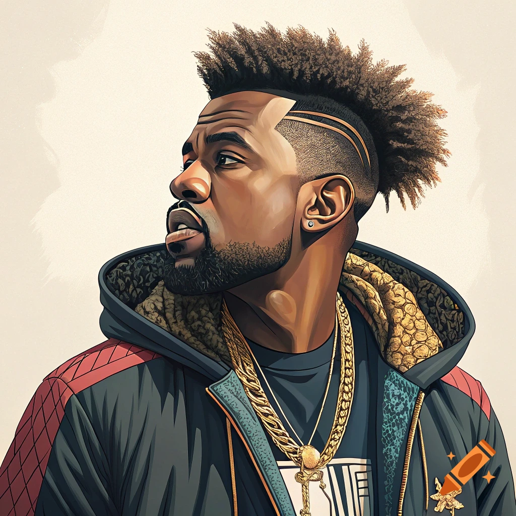 Stylized portrait illustration of a man with a distinctive haircut, wearing a hoodie and gold chains.
