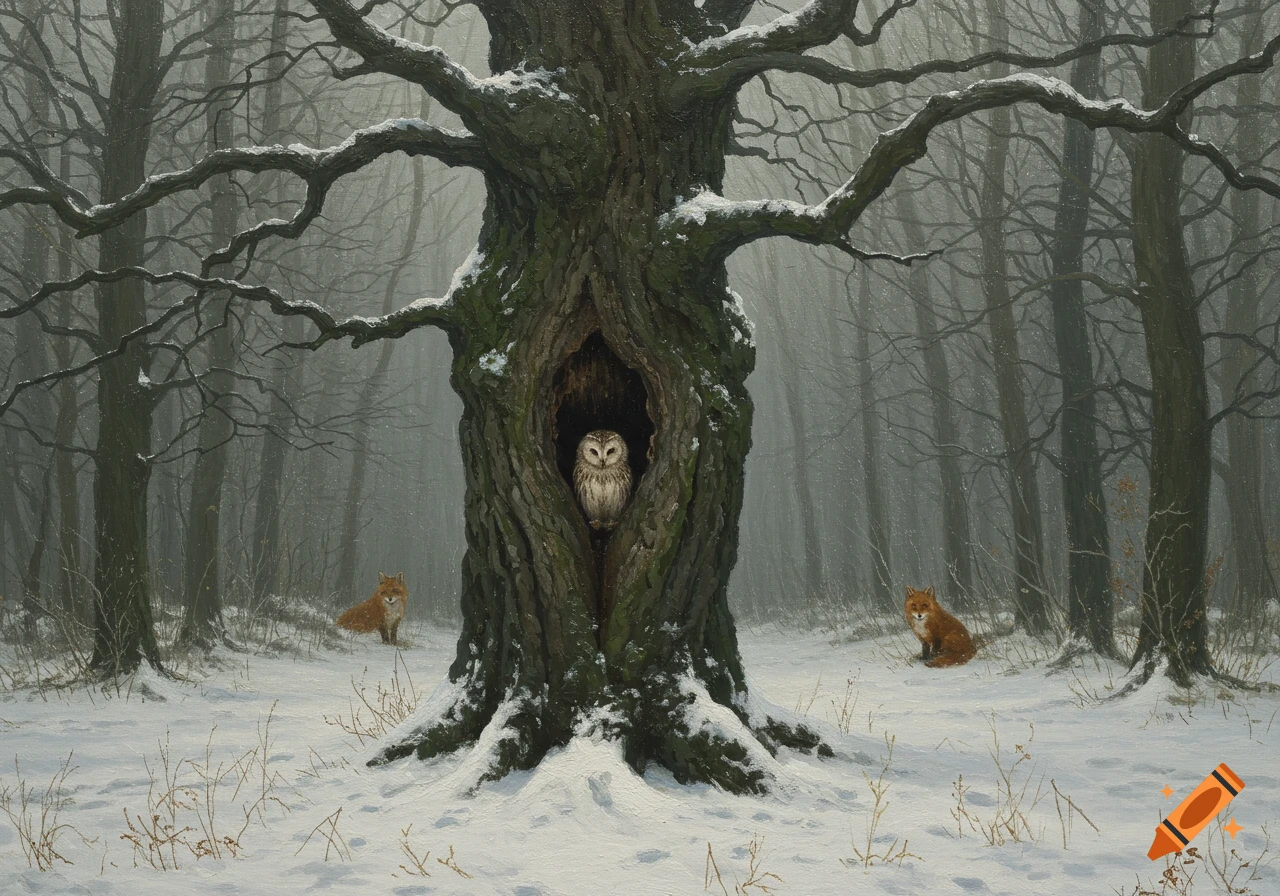 Oil painting of an owl in a hollow tree and two foxes in a snowy forest.