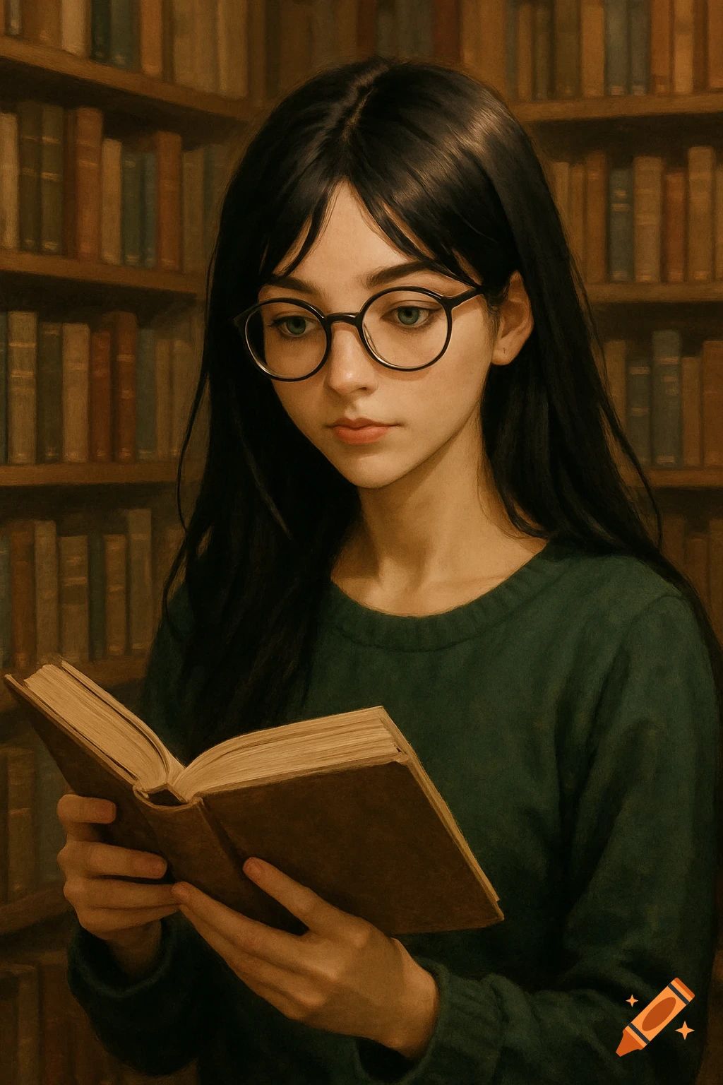 A young woman with glasses is reading a book in a library.