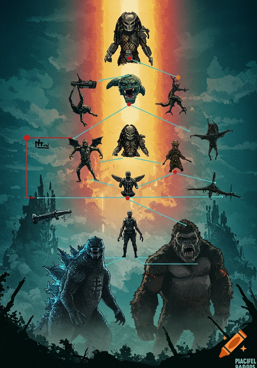 A diagram showing a diagram connecting various movie monsters and characters like Predator, Alien, Godzilla, and King Kong.