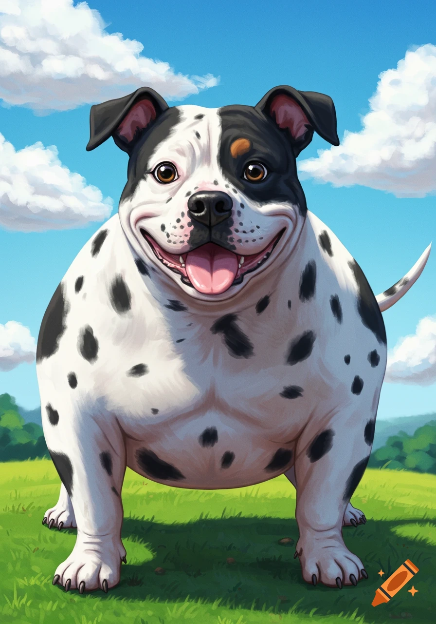 A fat, spotted dog stands in a grassy field under a blue sky.