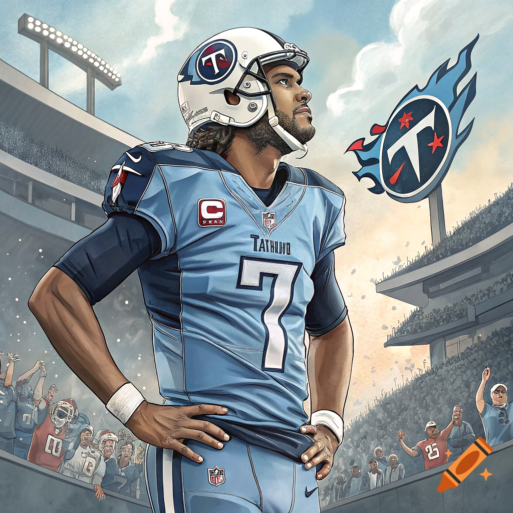 Illustration of a Tennessee Titans football player in a stadium looking up, with the team logo.