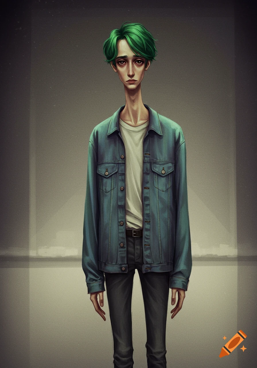 A tall, thin person with green hair wears a denim jacket.