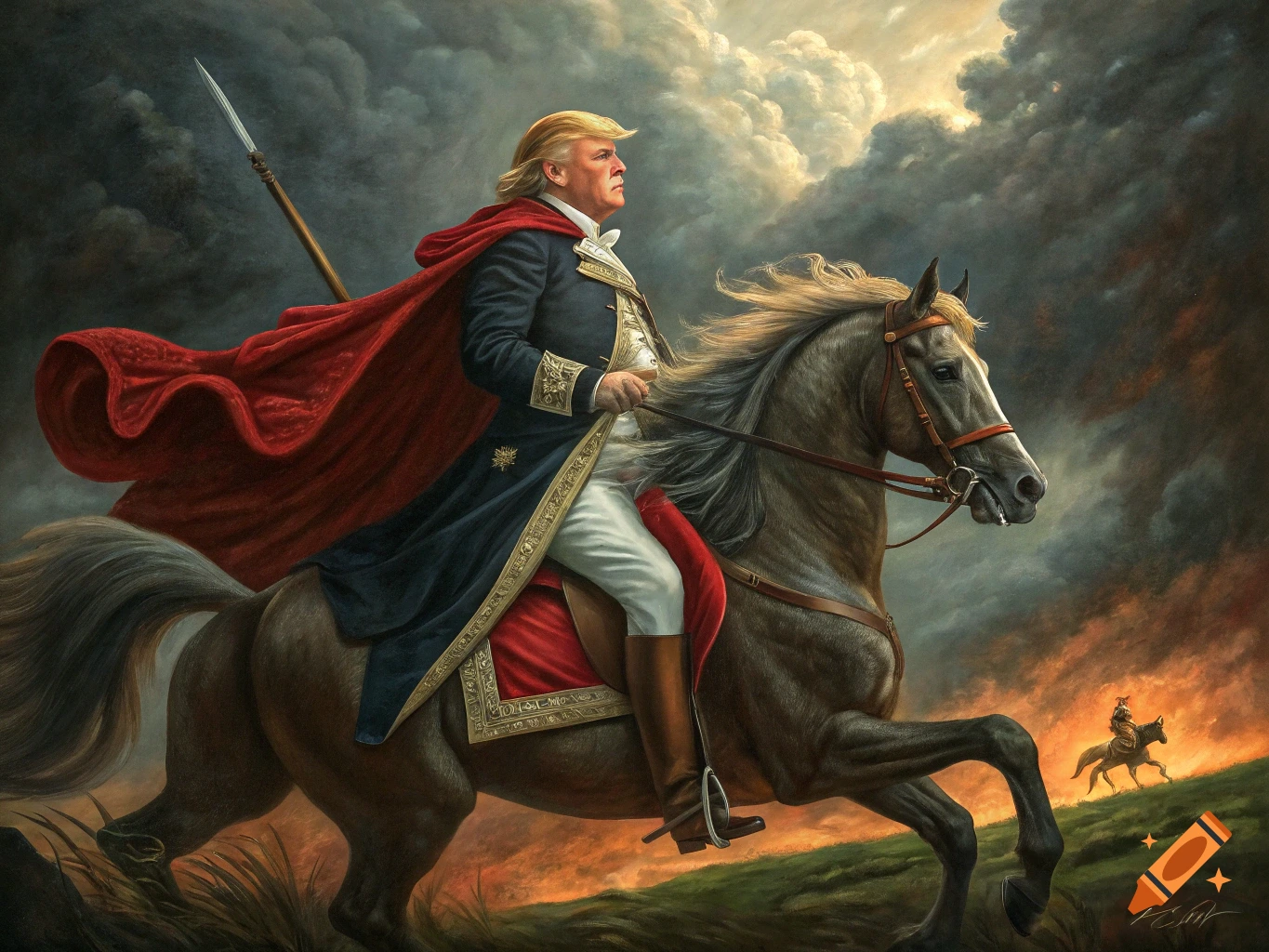 Painting of Donald Trump riding a horse in a dramatic, classical style.